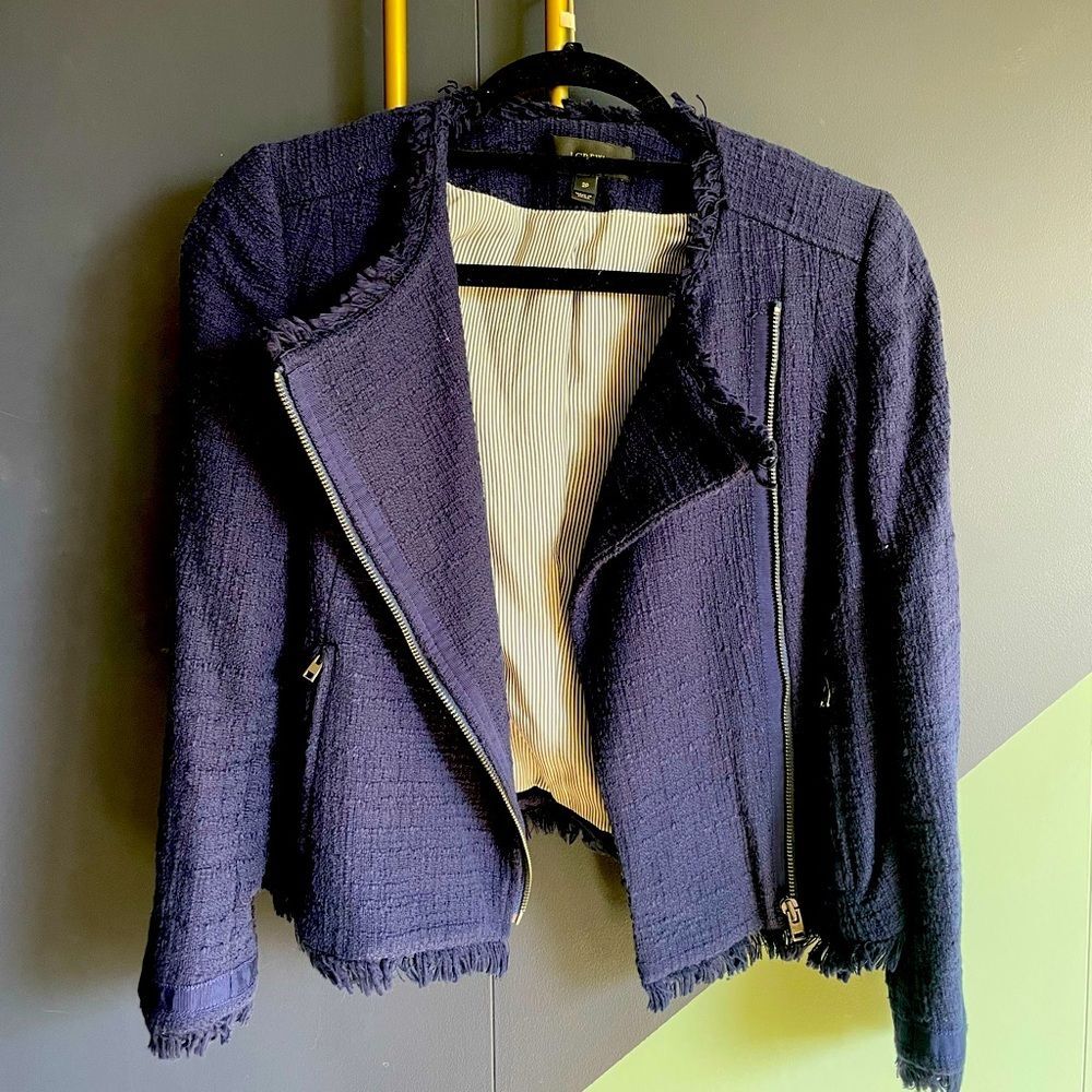 J Crew navy tweed moto-style jacket with 3/4 sleeves and frayed edges, Size 2P
